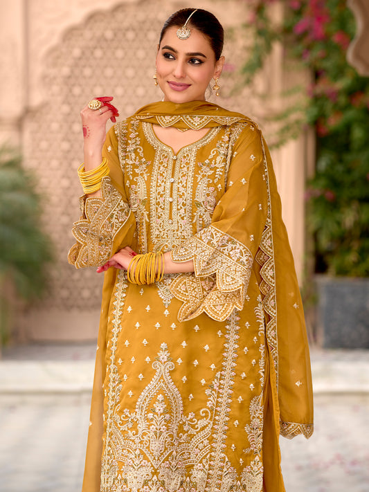 Indo Era Yellow Embroidered Straight Kurta Trousers With Dupatta Set