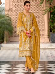 Indo Era Yellow Embroidered Straight Kurta Trousers With Dupatta Set