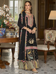 Indo Era Black Embroidered Straight Kurta Sharara With Dupatta Set