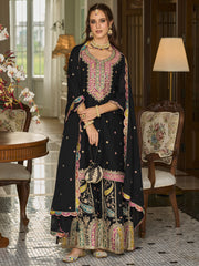 Indo Era Black Embroidered Straight Kurta Sharara With Dupatta Set