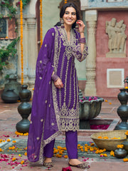 Indo Era Purple Embroidered Straight Kurta Trousers With Dupatta Set