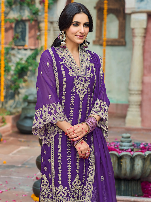 Indo Era Purple Embroidered Straight Kurta Trousers With Dupatta Set