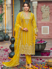 Indo Era Yellow Embroidered Straight Kurta Trousers With Dupatta Set