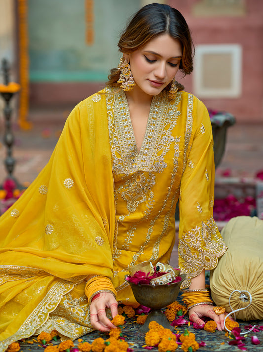 Indo Era Yellow Embroidered Straight Kurta Trousers With Dupatta Set