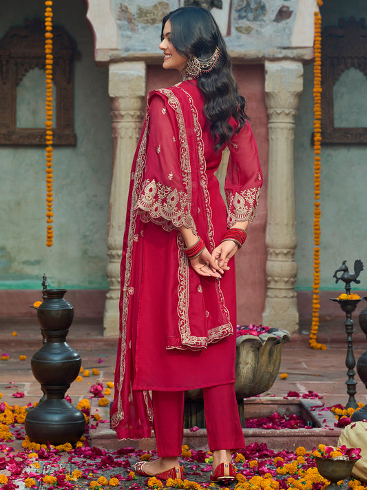 Indo Era Red Embroidered Straight Kurta Trousers With Dupatta Set