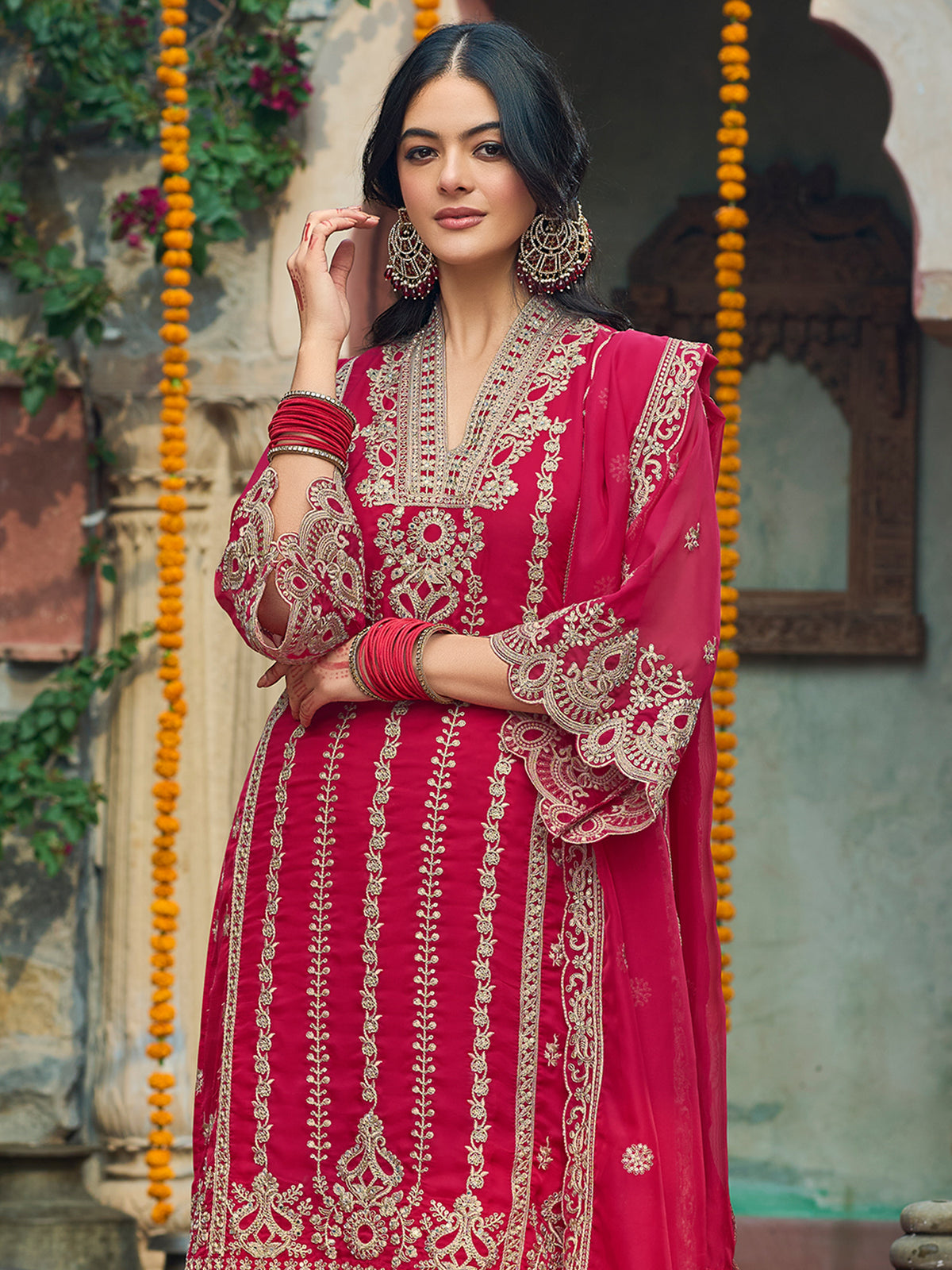 Indo Era Red Embroidered Straight Kurta Trousers With Dupatta Set