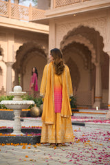 Indo Era Yellow Embroidered Straight Kurta Palazzos With Dupatta Set