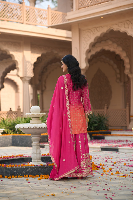 Indo Era Pink Embroidered Straight Kurta Palazzos With Dupatta Set