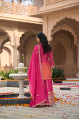 Indo Era Pink Embroidered Straight Kurta Palazzos With Dupatta Set