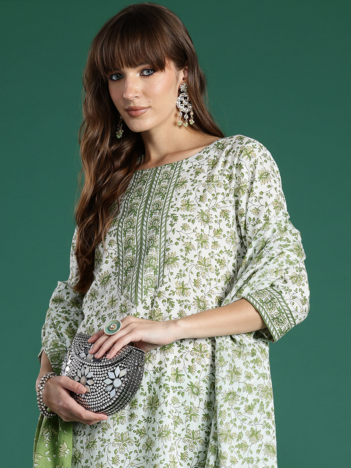 Indo Era Green Printed Straight Kurta Trousers With Dupatta Set