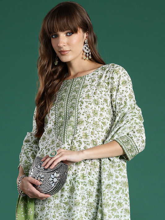 Indo Era Green Printed Straight Kurta Trousers With Dupatta Set