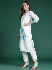 Indo Era Off White Printed Straight Kurta Trousers With Dupatta Set