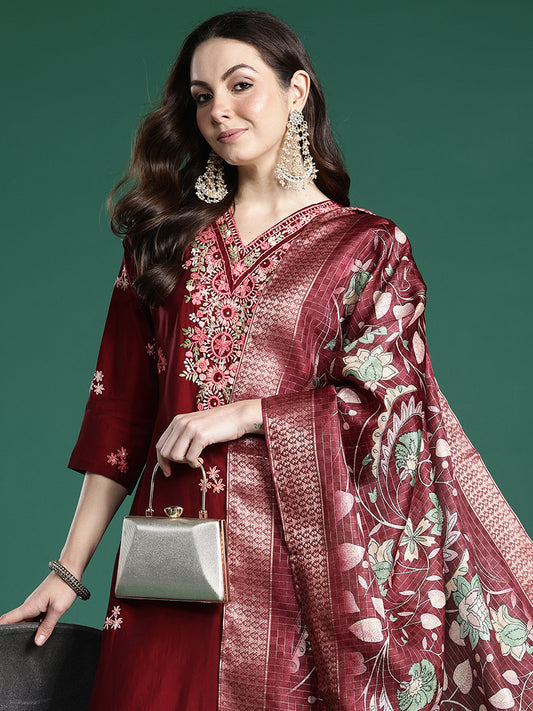 Indo Era Maroon Embroidered Straight Kurta Trousers With Dupatta Set