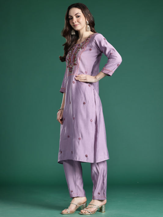 Indo Era Lavender Embroidered Straight Kurta Trousers With Dupatta Set