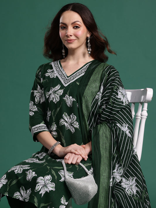 Indo Era Green Printed Straight Kurta Trousers With Dupatta Set