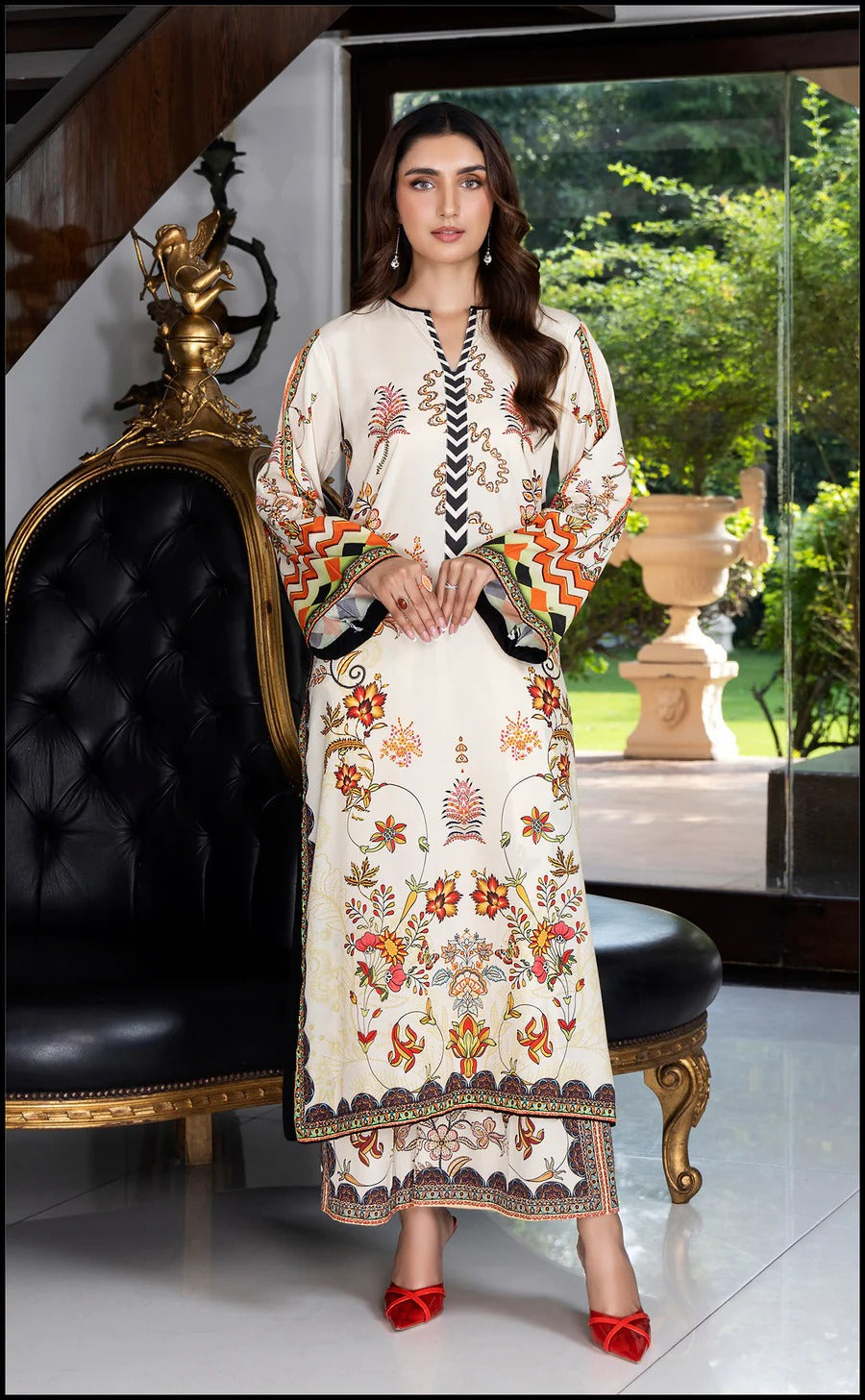 Cream colour lawn print kurta set