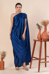 Women Stylist Teal Blue One Shoulder Pleated And Drape Style Satin Gown