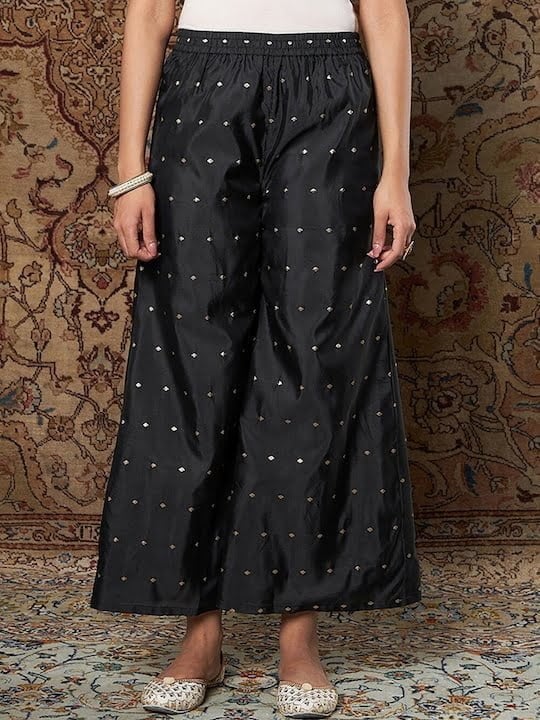 Women Black Mirror Work Kurta with Palazzos