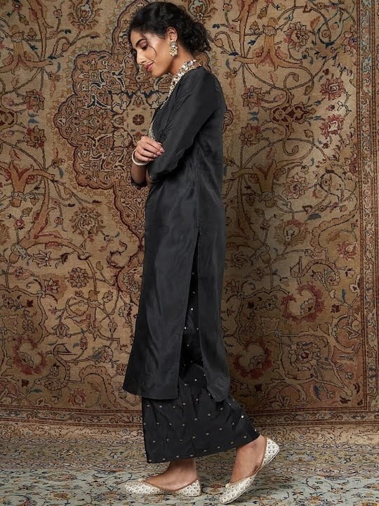 Women Black Mirror Work Kurta with Palazzos