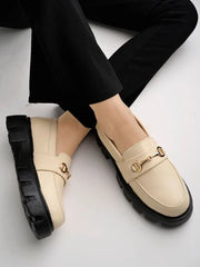 Smart Casual Chain Detailed Cream Loafers For Women & Girls