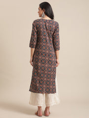 Kalini Women Blue And Beige Abstract Printed Kurta With Gota Work On Yoke And 3/4Th Sleeves