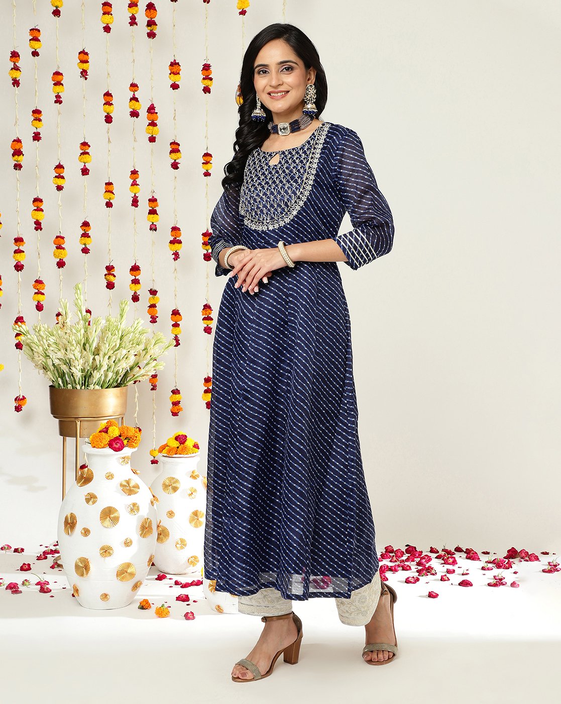 Women Blue Lehariya Printed Anarkali Emroidered Kurta