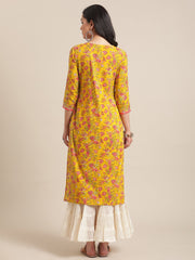 Yellow And Peach Straight Floral Printed Kurta With Round Neck And Having Gota Work On Yoke - 3XL