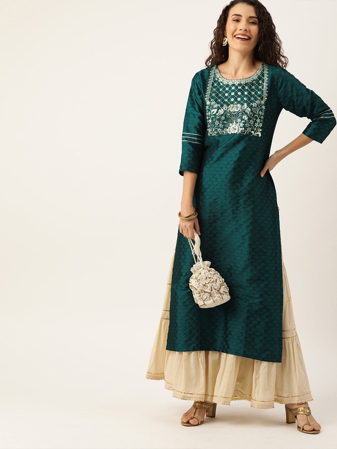 Women Green & Gold-Toned Yoke Design Straight Embellished Kurta - 3XL