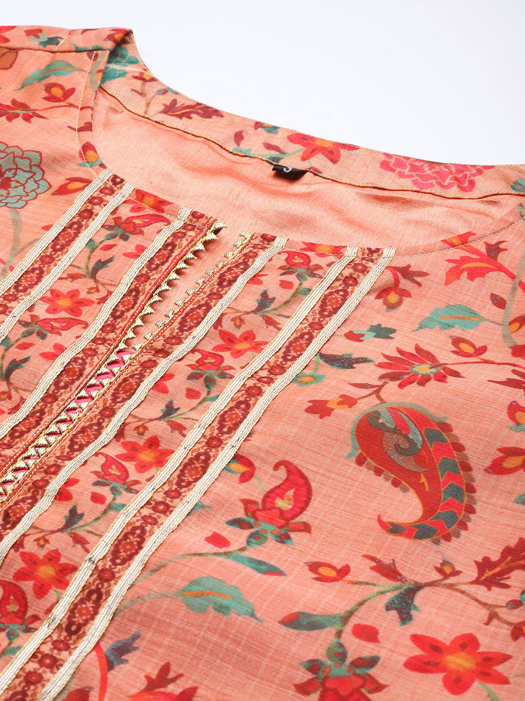 Peach Floral Printed Chanderi Kurta Trouser Set With Bhgalpuri Silk Dupatta