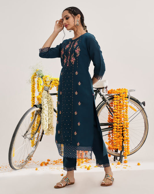 Women Blue Embroidered Kurta Set Paired With Tonal Tand Dupattta