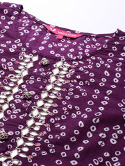 Purple And White Bandhani Printed Kurta Gota Embroidery Round Neckline 3/4Th Sleeves Embroidered Buttons Detail"