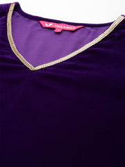 Women Purple Velvet Kurta With Flared Sleevespaired With Tonal Bottom And Contrast Dupatta With Four Sided Fringes