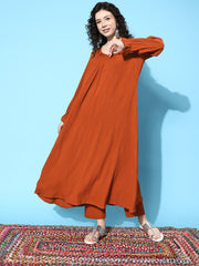 Women Rust Colour, Bishop Sleeve A-Line Kurta Paired With Tonal Bottom