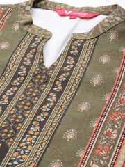 Women Olive Ethnic Motif Printed Straight Kurta Paired With Tonal Bottom And Dupatta