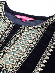 Women Velvet All Over Embroidered, Round Neck Yoke Straight Kurta Paired With Tonal Embroidered Bottom And Dupatta