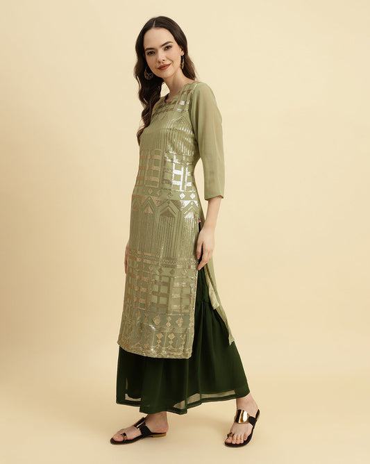 Green Sequened Kurta With Sharara And Sequened Ombre Dupatta