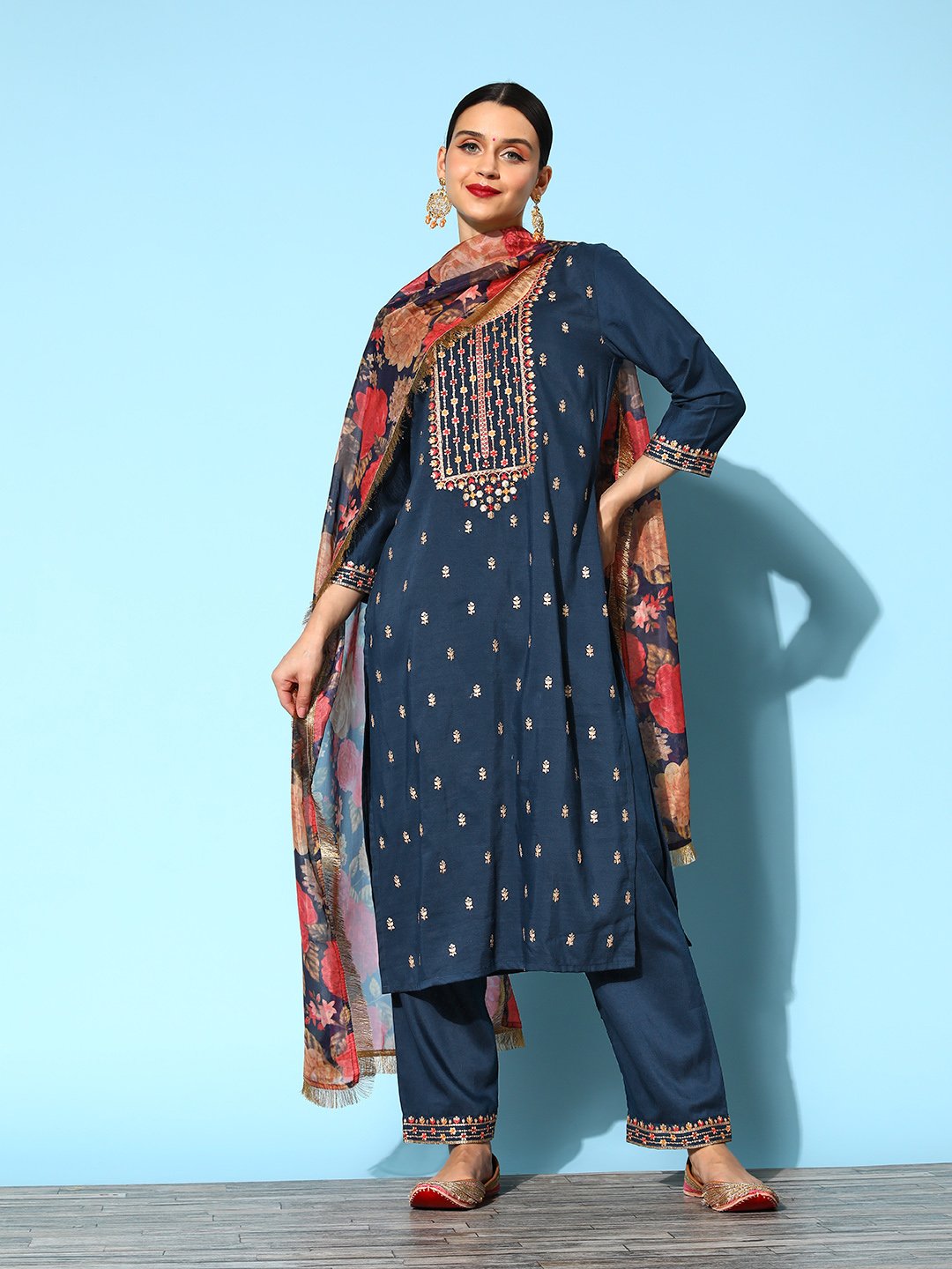 Blue Embroidered Kurta With Tonal Bottom And Printed Dupatta