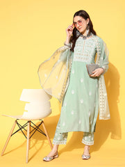 Women Sea Green Embroidered Kurta Paired With Tonal Trouser And Dupatta