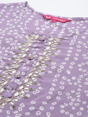 Lavender Bandhani Print Embroidered Kurta Has Round Neck