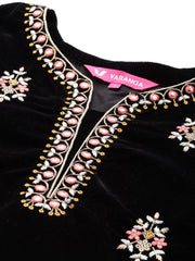 Women Black Placement Design Embroidered Kurta Paired With Tonal Embroidered Bottom And Dupatta