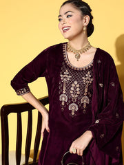 Purple Embroidered Kurta Set With Embroidered Dupatta