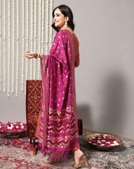 Coral Embroidered Straight Kurta With Three-Quarter Sleeves Paired With Tonal Bottom And Dupatta