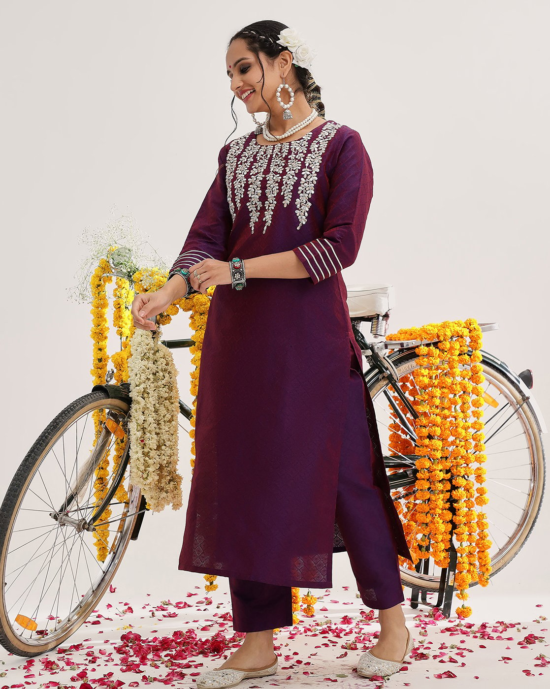 Purple Embroidered Straight Kurta With Three-Quarter Sleeves Paired With Tonal Bottom And Dupatta