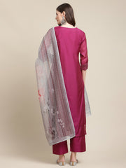 Wine Zari Embroidery Kurta Trouser Set With Floral Printed Organza Dupatta