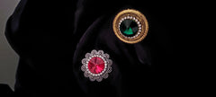 Golden-Toned Red - Green stone-studded adjustable finger rings combo