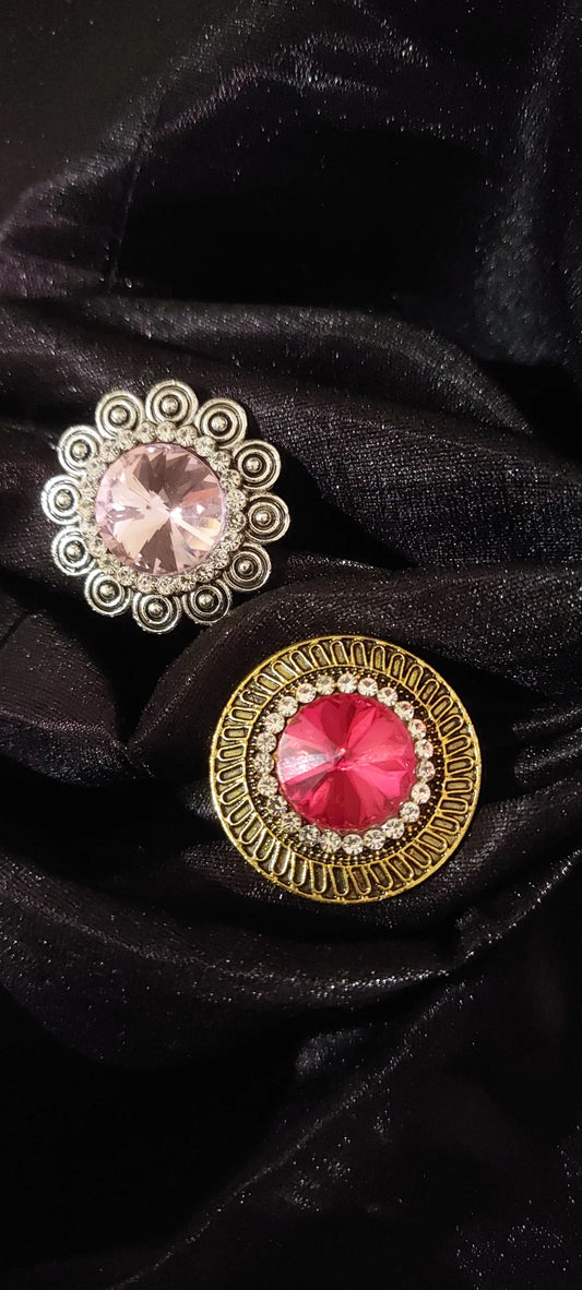 Golden-Toned Red - Pink stone-studded adjustable finger rings combo