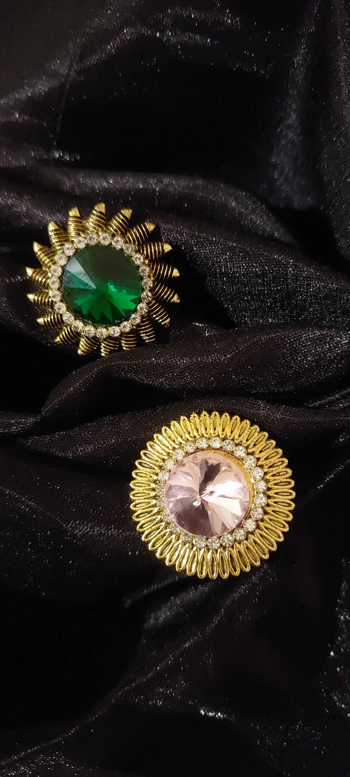 Golden-Toned Green - Pink stone-studded adjustable finger rings combo