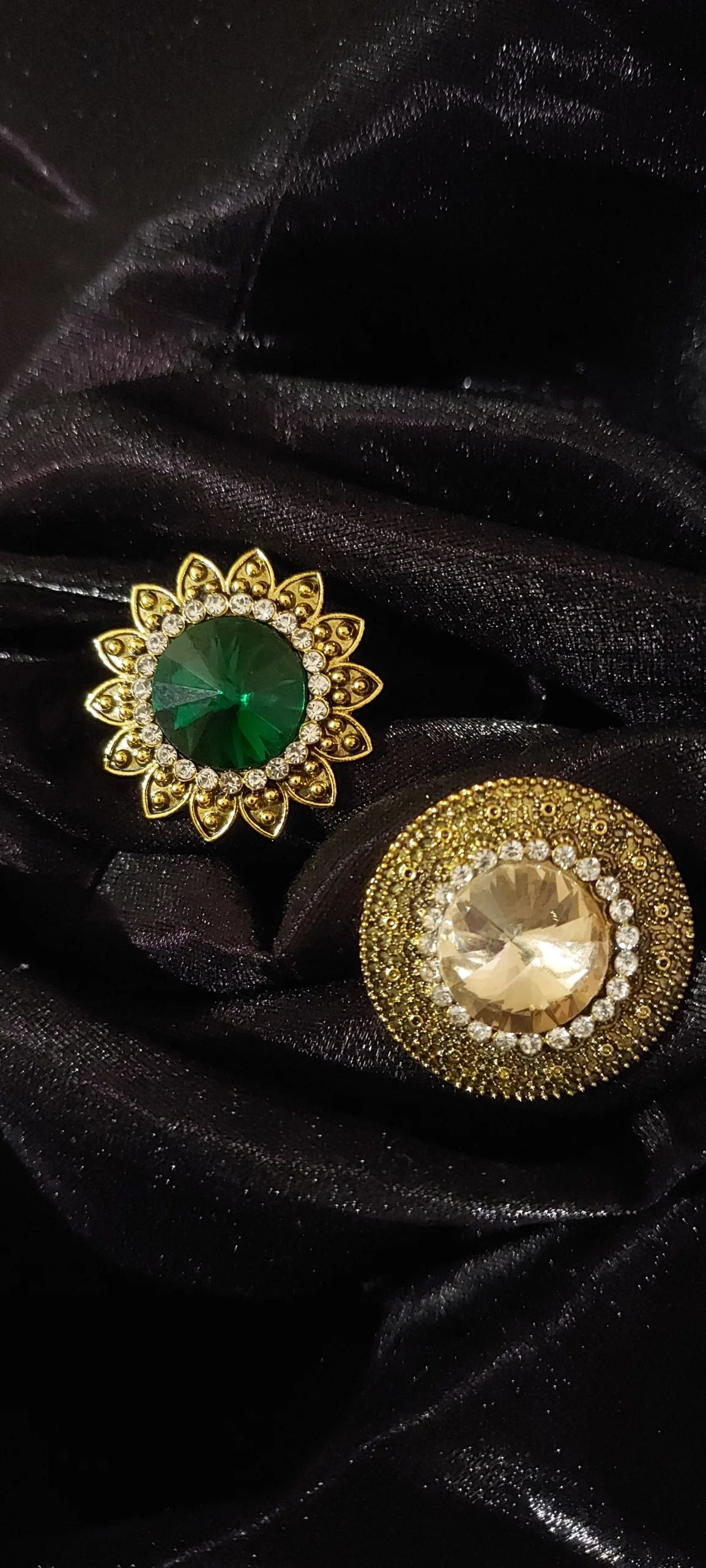 Golden-Toned Green - Yellow stone-studded adjustable finger rings combo