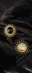 Golden-Toned Yellow - Black stone-studded adjustable finger rings combo