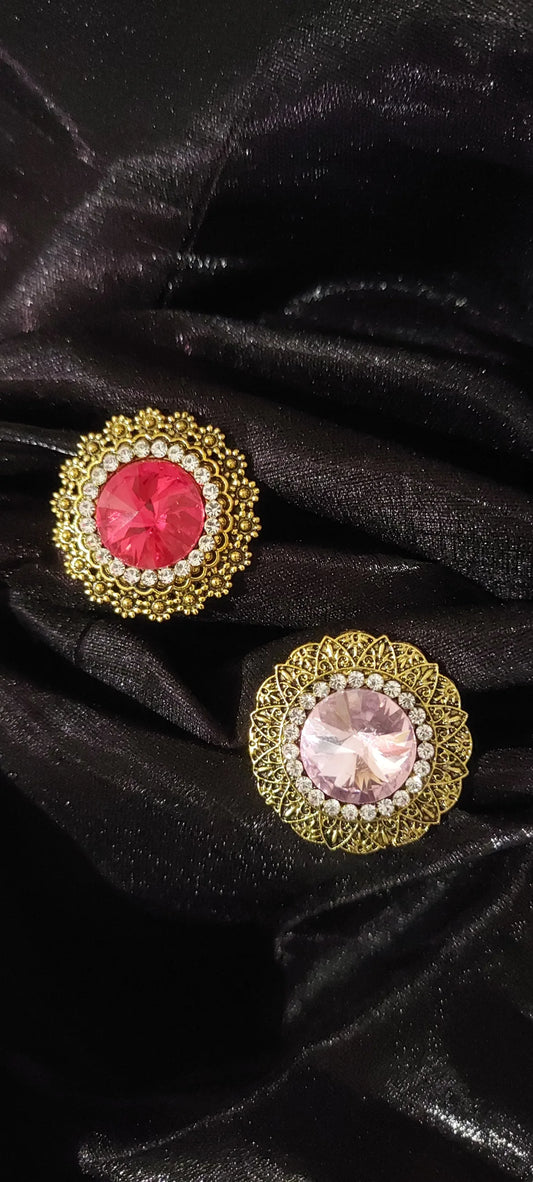 Golden-Toned Red- Pink stone-studded adjustable finger rings combo